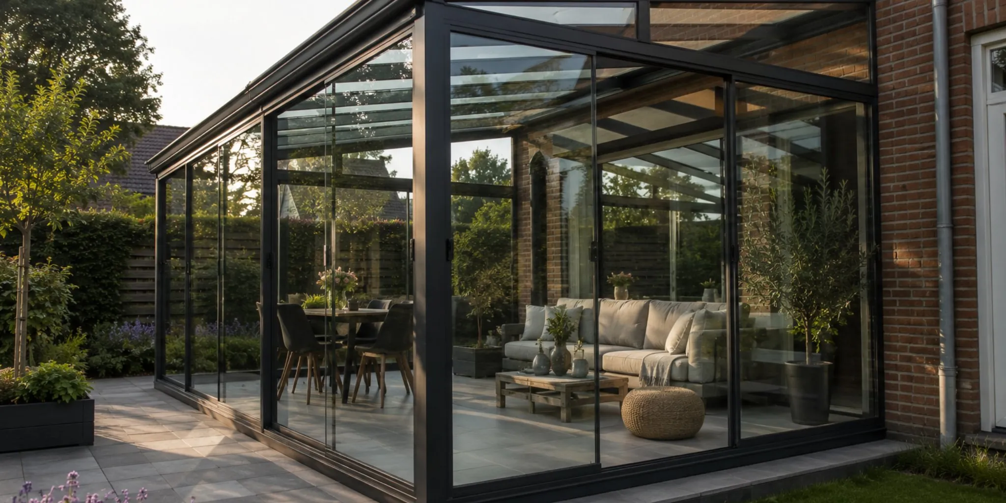 Serre als uitbouw met glazen wanden en zwart kozijn aan een bakstenen woning, met zithoek en eethoek aan het terras