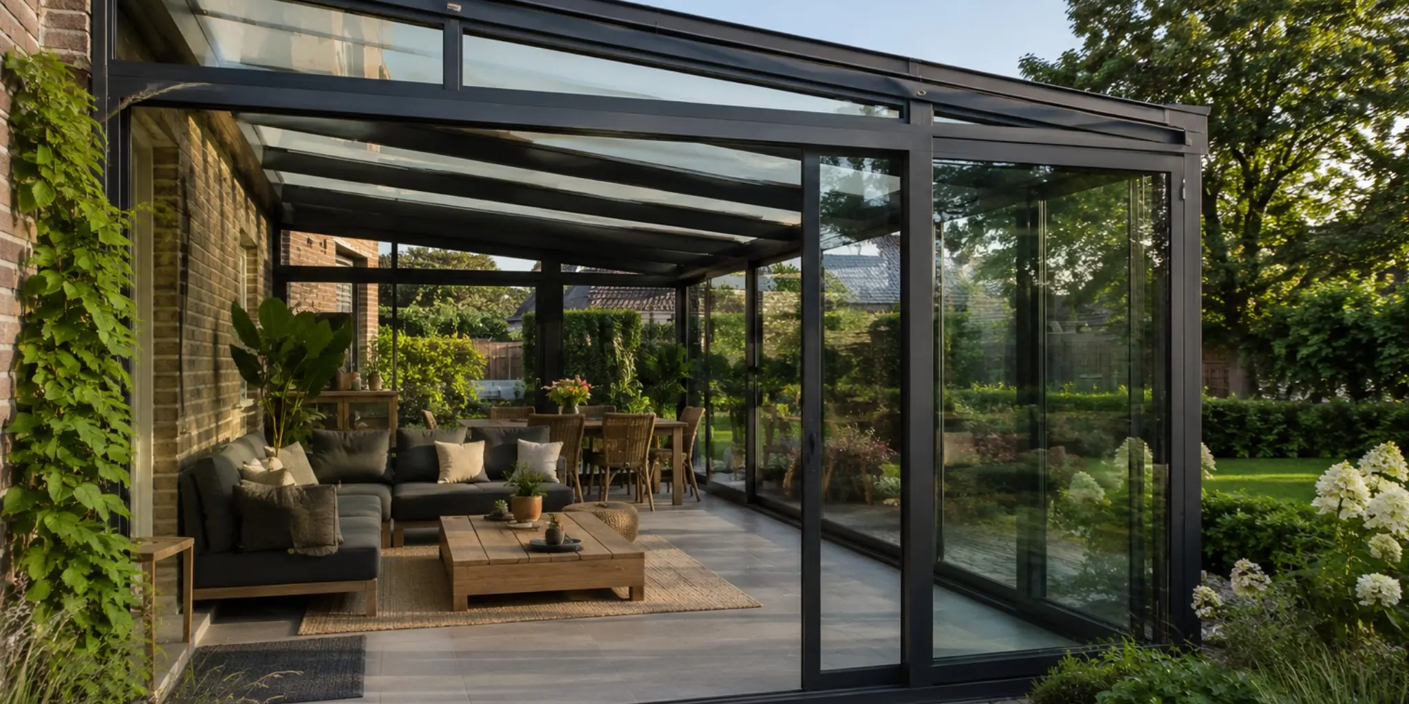 Moderne serre als uitbouw met glazen dak en schuifpui, ingericht met loungebank en eettafel met uitzicht op de tuin
