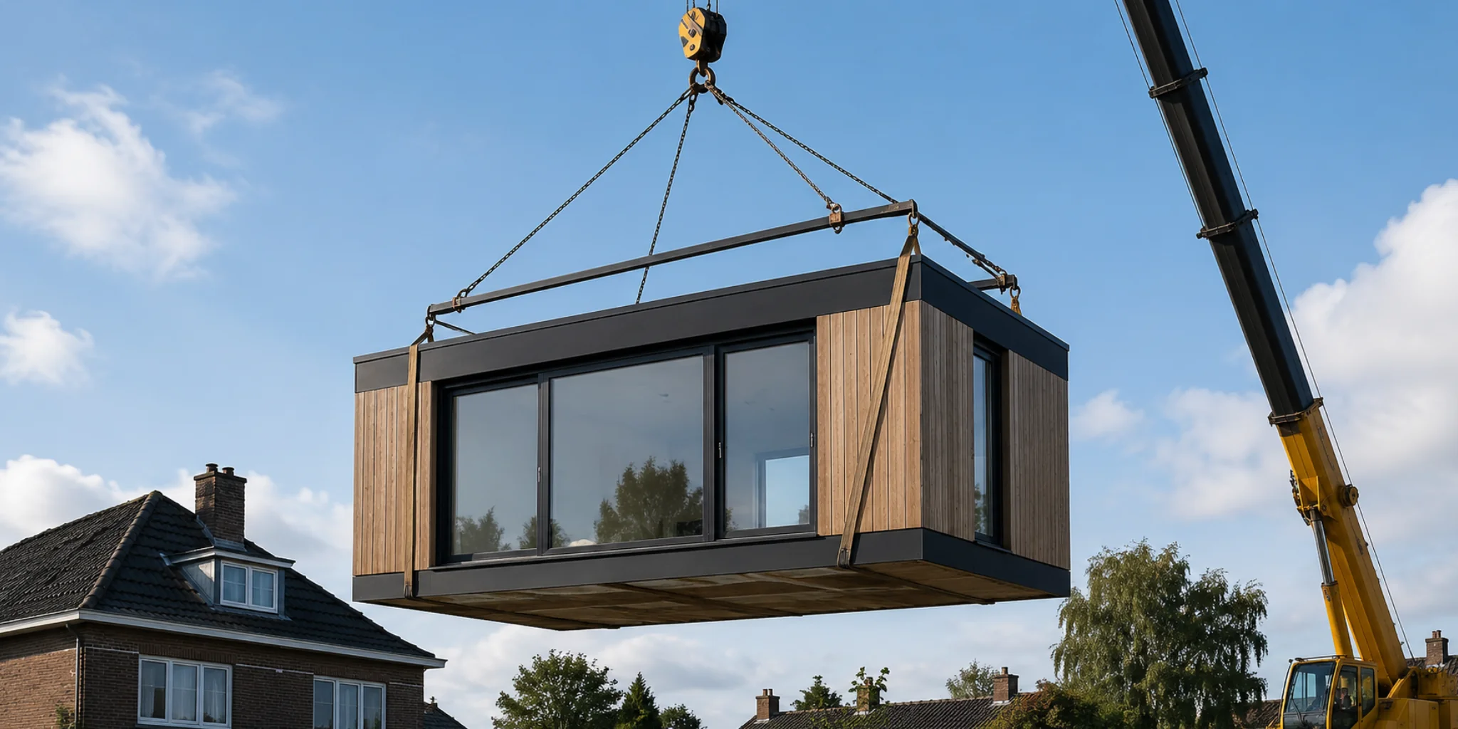 Prefab uitbouw met houten gevelbekleding wordt door een hijskraan boven een woonwijk getakeld voor montage bij AanbouwMaximaal